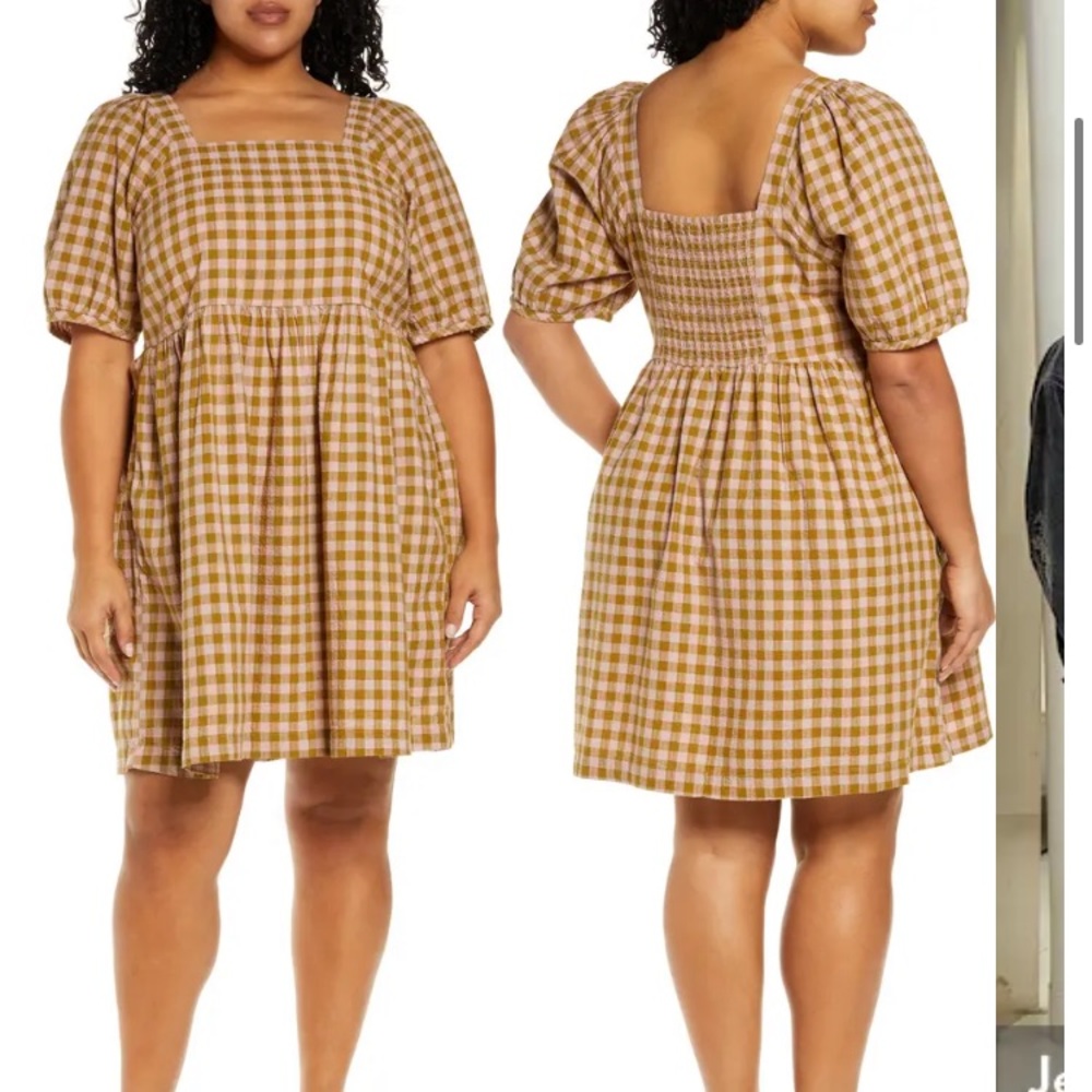 Madewell plus square-neck puff-sleeve dress in gingham seersucker